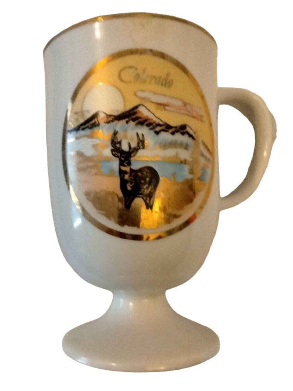 Colorado Coffee Cup Vintage Souvenir Elk Mountain Lake Mug Stemmed Gold Trim
